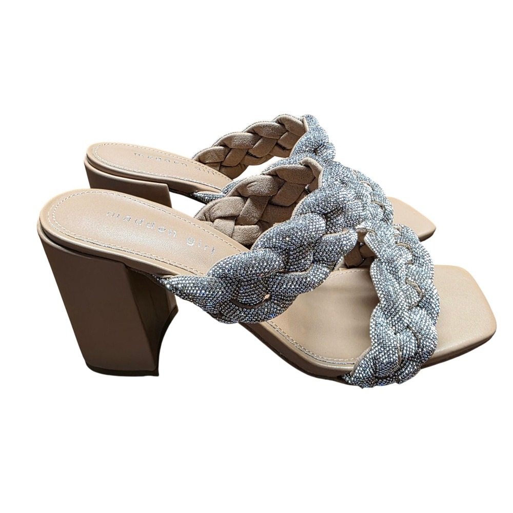 Madden Girl DIXCY-R Tan Braided Silver Rhinestone Block Heel Square Toe Women 10 - Picture 4 of 8